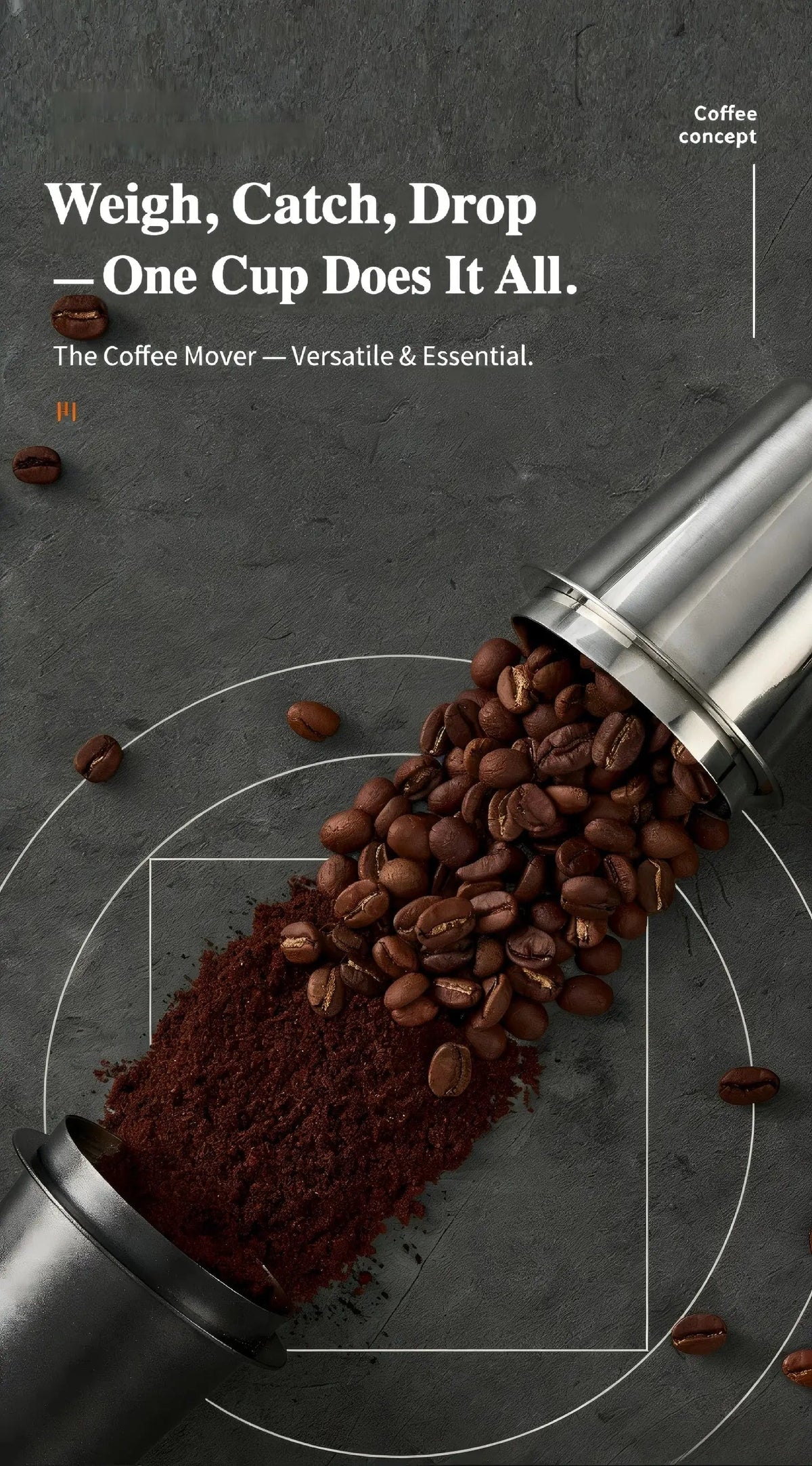 Coffee dosing cup for espresso with stainless steel grinder catch cup, whole coffee beans and fresh grounds, designed for precise, mess-free coffee prep.