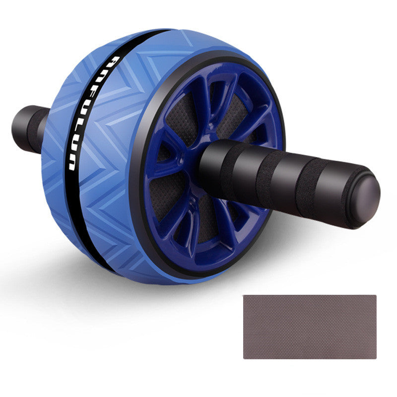 Blue ab roller with black handles on a white background