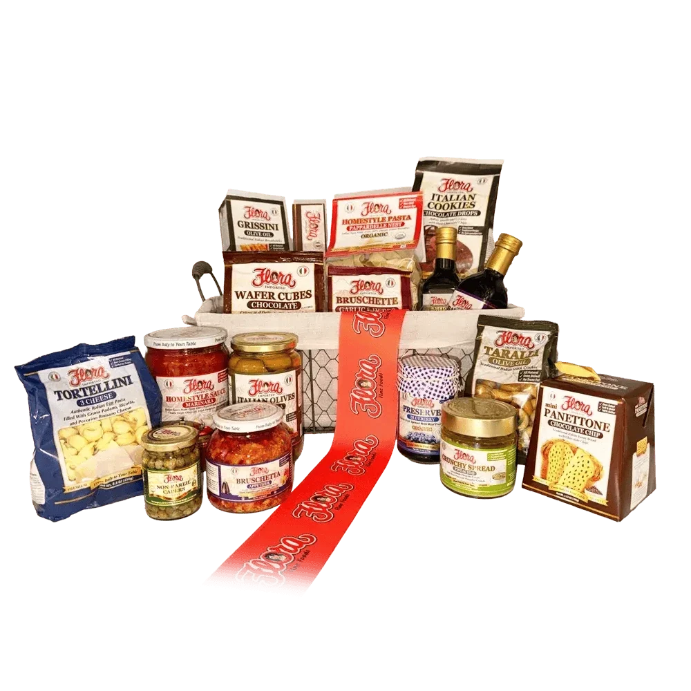 Classic Italian gourmet gift basket featuring imported Italian pasta, olive oil, cookies, panettone, tortellini, bruschetta, olives, preserves, and gourmet pantry favorites in a decorative wire basket.