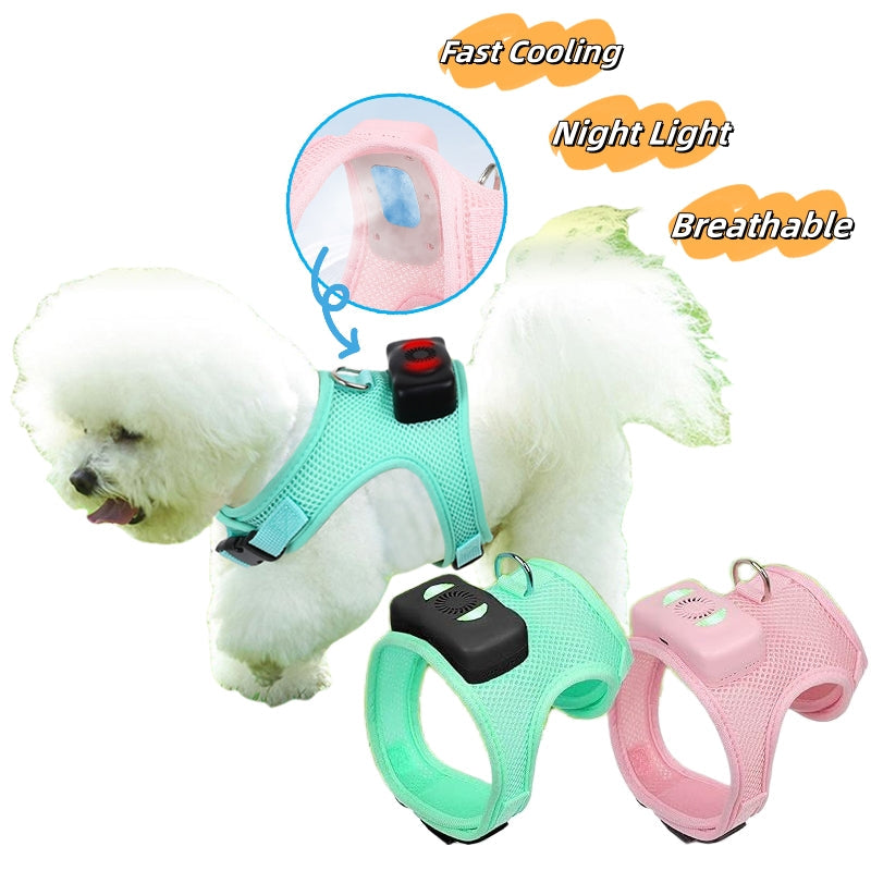 Breathable cooling dog vest harness with built-in fan and night light, adjustable chest strap for small pets, shown in mint green and cherry pink. Comfortable pet harness leash.