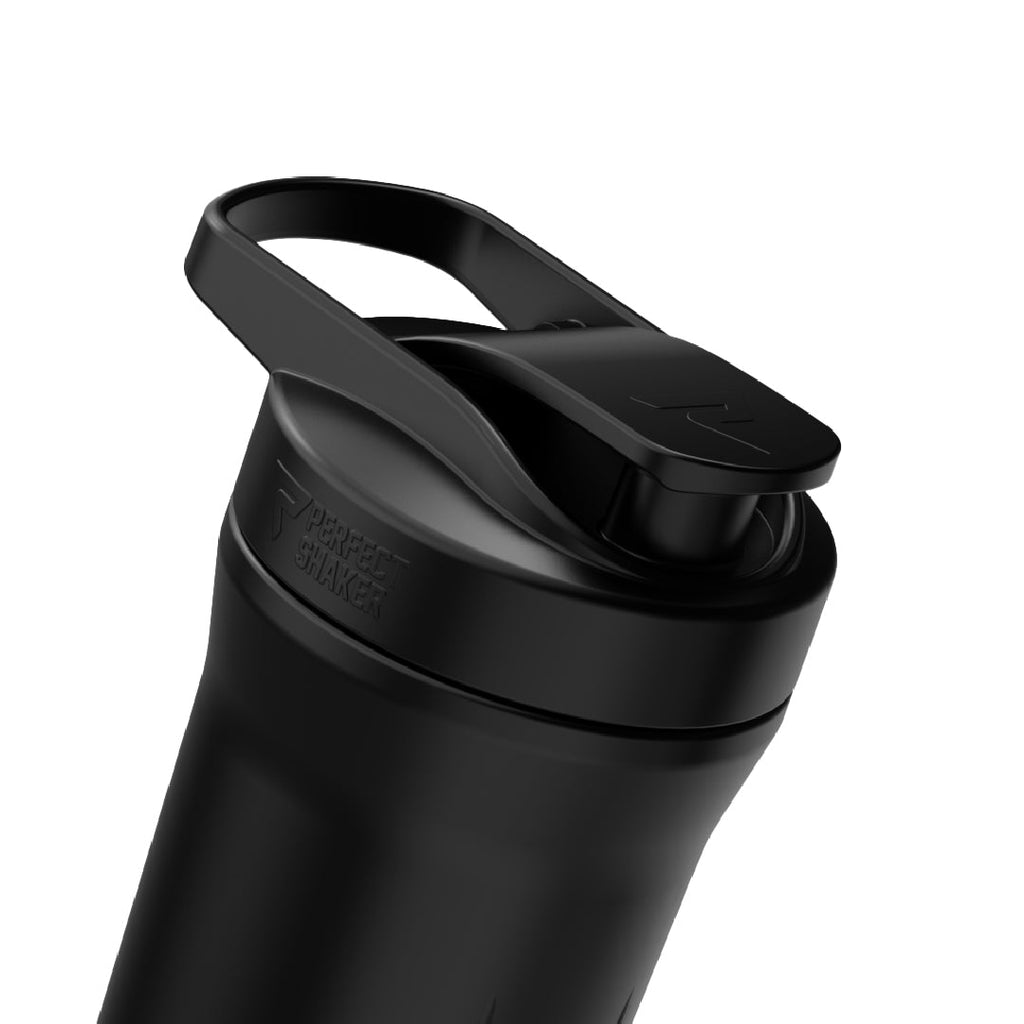 A close-up of a matte black shaker bottle lid with a carry loop and embossed branding on a clean white background.