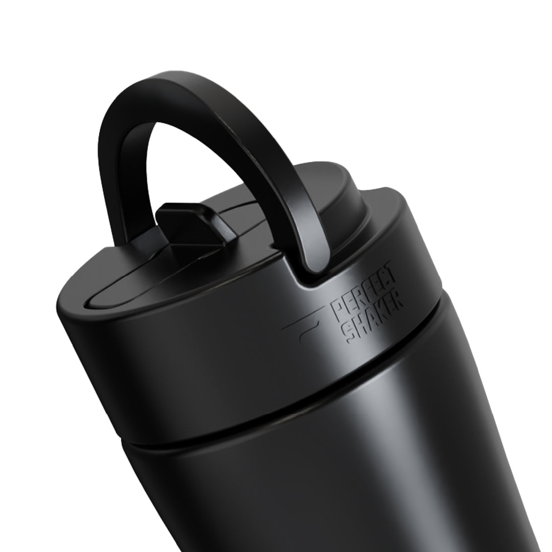 Black shaker bottle with a lid on a white background