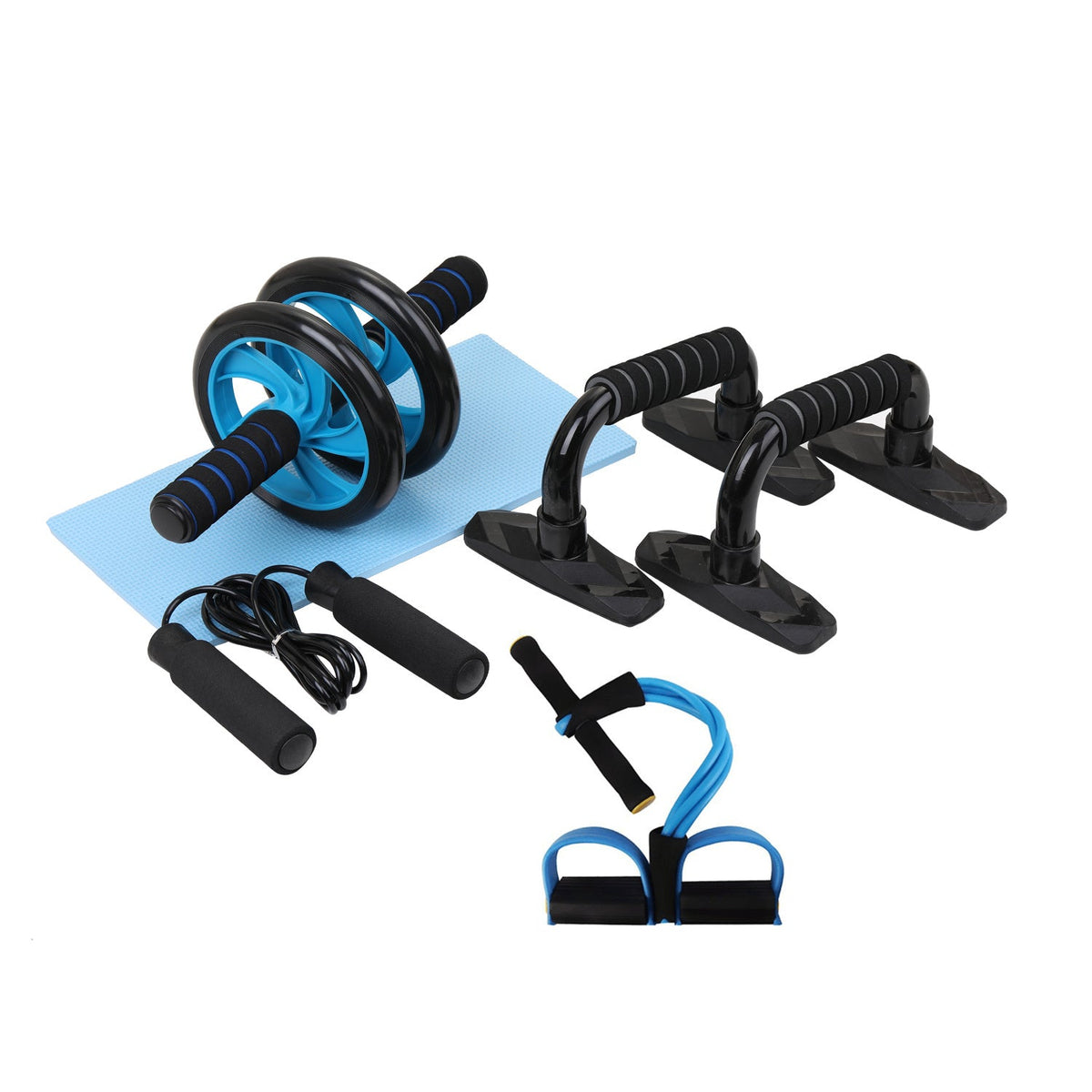 Collection of fitness equipment including an ab roller, push-up bars, and resistance bands on a white background.