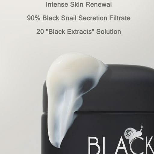 Black jar of MIZON Black Snail All In One Cream topped with rich white cream, highlighting 90% Black Snail Secretion Filtrate and 20 Black Extracts for intensive skin renewal, hydration, and anti-aging care.