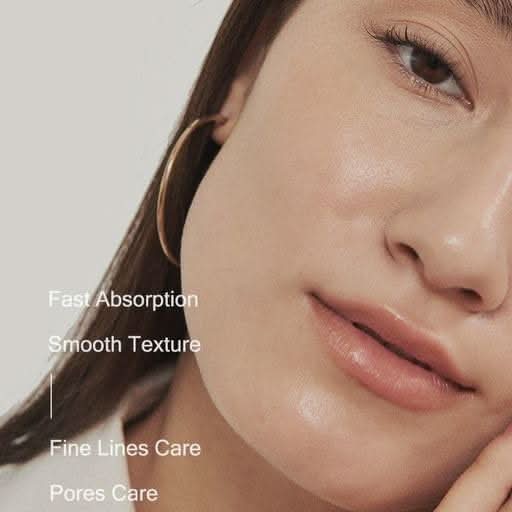 Close-up of a woman's radiant face showcasing healthy, hydrated skin with text highlighting the benefits of MIZON Black Snail All In One Cream, including fast absorption, smooth texture, fine line care, and pore care.