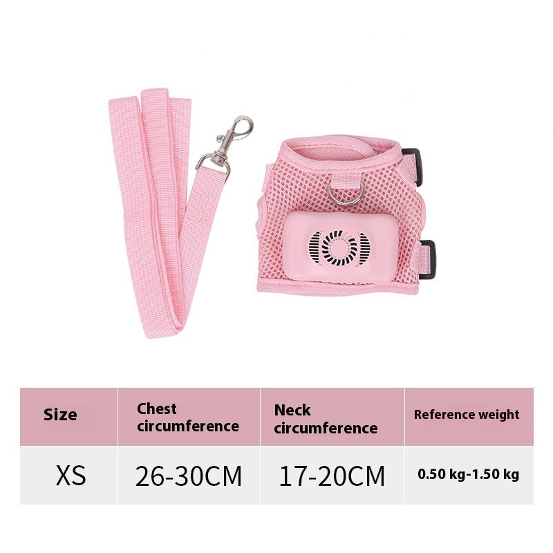 Pink dog harness and leash set with size chart on a white background