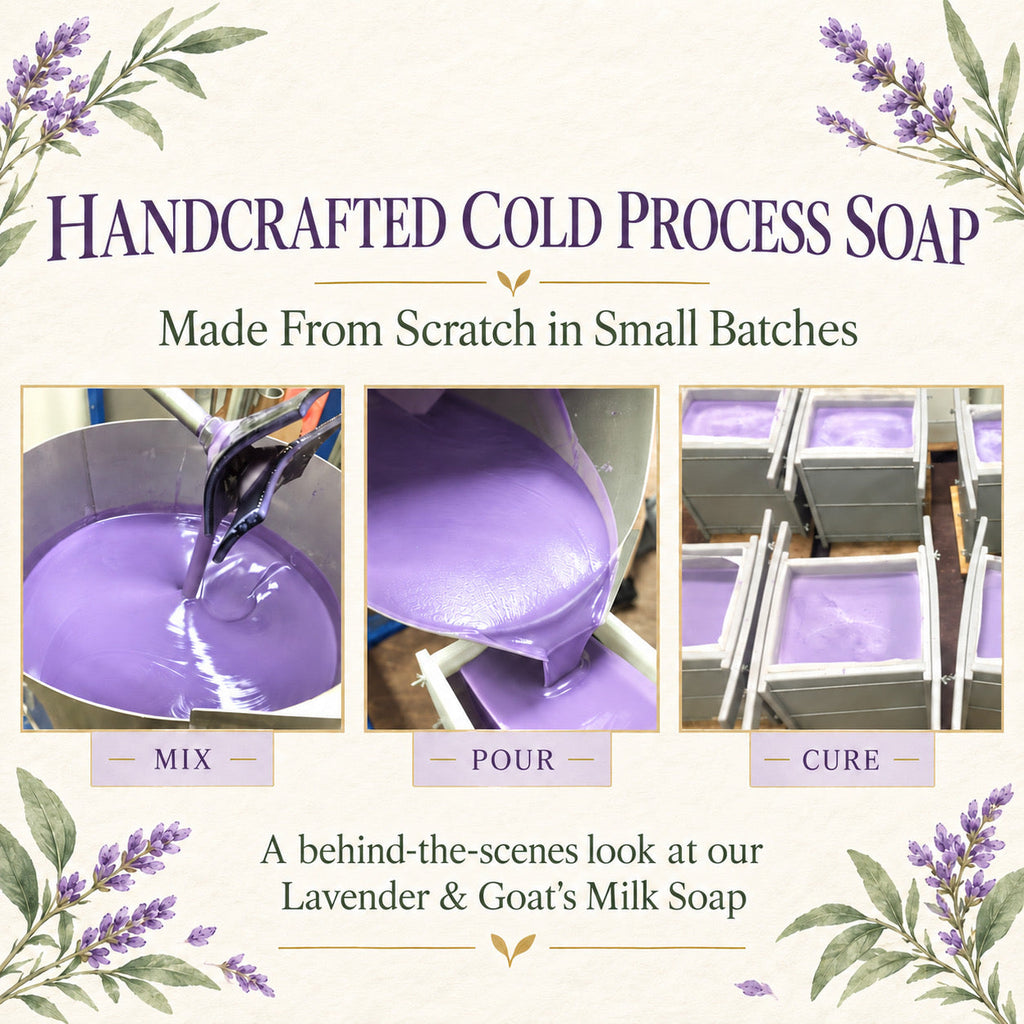 Promotional graphic for handcrafted cold process soap showing three panels labeled Mix, Pour, and Cure with lavender-colored soap in molds, plus text reading 'Handcrafted Cold Process Soap' and 'A behind-the-scenes look at our Lavender & Goat's Milk Soap.'.