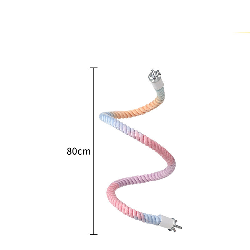 Colorful bendable bird rope perch stand for parrots, cockatiels, parakeets, lovebirds, budgies, and other small birds, featuring a soft cotton rope with secure metal end caps and an 80 cm flexible climbing perch design.