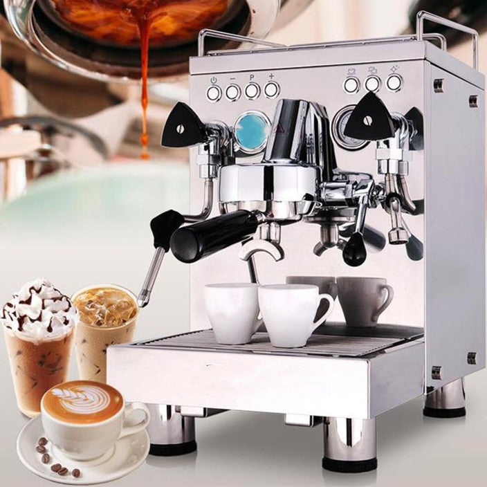 Stainless steel semi-automatic espresso machine brewing fresh espresso into ceramic cups with latte, iced coffee, and whipped coffee drinks displayed in front.