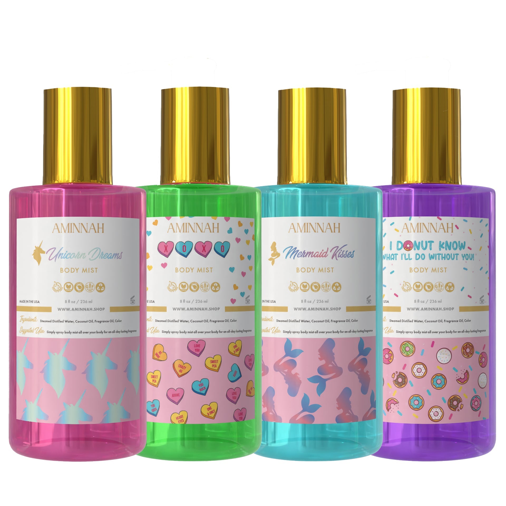 AMINNAH Body Mists fragrance collection featuring Unicorn Dreams, Mermaid Kisses, XOXO, and Sprinkle Donut. Lightweight fruity body sprays for everyday fragrance layering from a female-owned clean beauty brand.