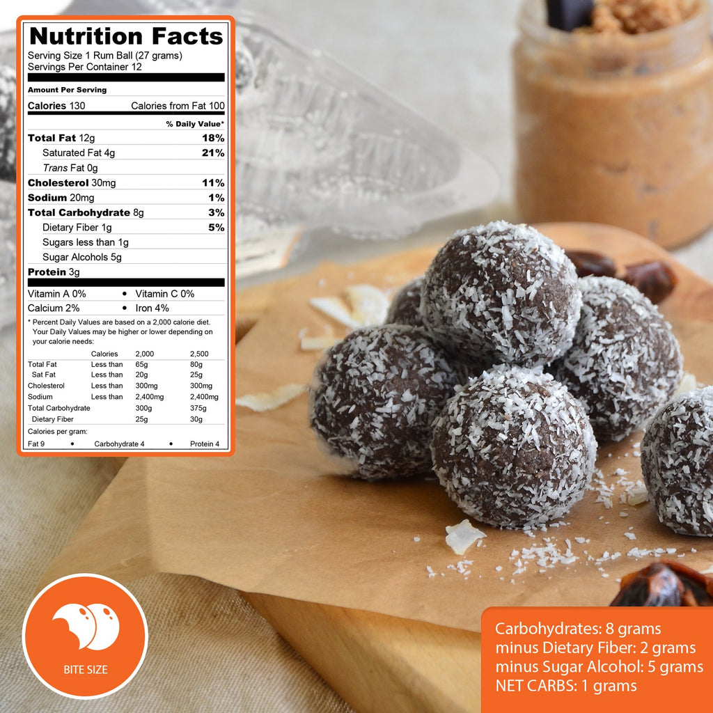 Carbolicious sugar-free keto rum balls with shredded coconut coating, nutrition facts label, and net carb information displayed beside bite-sized chocolate truffles on a wooden serving board.