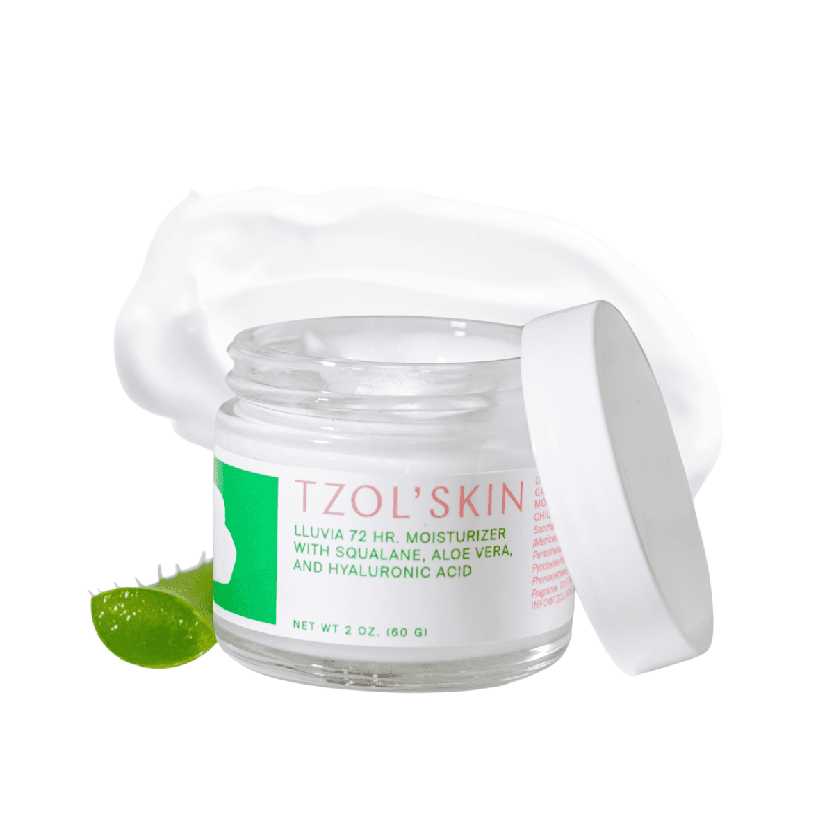 TZOL’SKIN Lluvia 72HR Moisturizer with squalane, aloe vera and hyaluronic acid hydrating face cream for long-lasting moisture, dry skin care and facial hydration, 2 oz jar with aloe vera leaf and rich white moisturizing cream