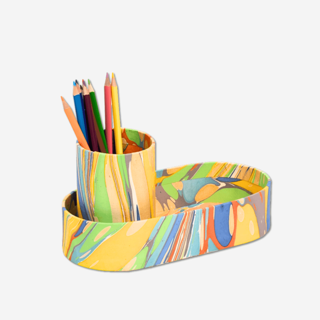 HAND-MARBLED TRAY + CUP SET - RAINBOW