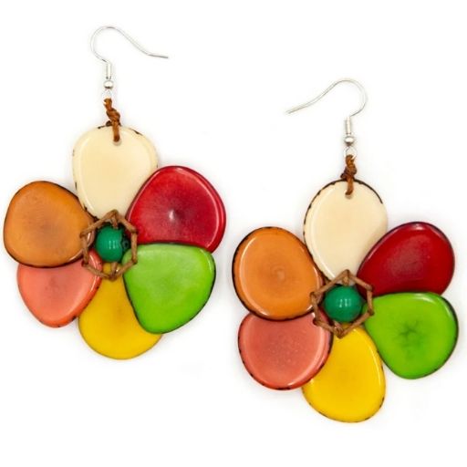 Caribbean Emerald Bloom multicolor flower drop earrings with green bead centers, colorful petals and silver-tone hooks on white background