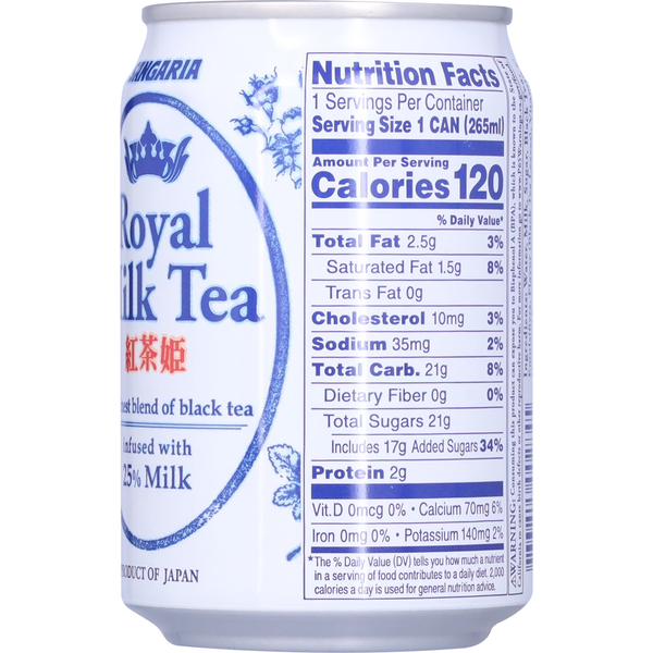 Can of Royal Milk Tea with nutrition facts label on a white background Sangaria Royal Milk Tea