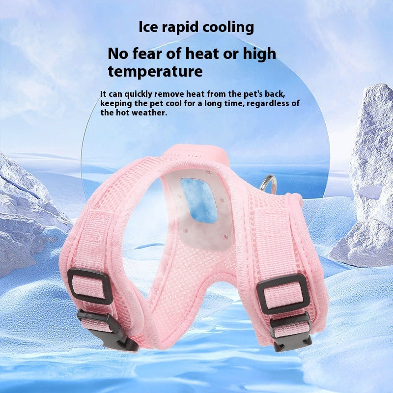 Pink breathable cooling dog harness with ice rapid cooling technology, adjustable chest straps and buckles, designed to quickly remove heat from a pet’s back and keep dogs cool in hot summer weather. Comfortable pet harness leash.