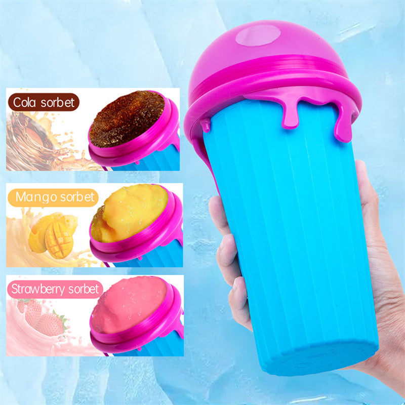 Hand holding a blue 500ml reusable slushy maker cup with a pink ice cream-shaped lid, showcasing homemade cola, mango, and strawberry sorbets made by freezing, squeezing, and enjoying frozen smoothies.