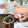 Animated 4-panel GIF showing the GoodEgg food-grade silicone egg cleaning brush being rinsed under running water, scrubbed with cleanser, used to gently clean a farm-fresh egg, and rinsed clean after use, demonstrating easy and effective egg washing.