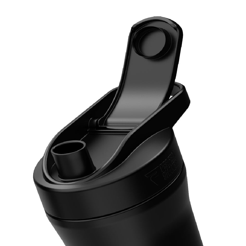 Close-up of a black shaker bottle lid with a flip-up straw spout and integrated pour spout, shown on a white background.