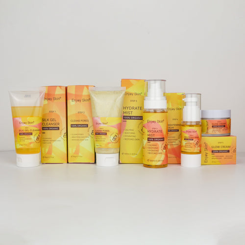 5-Piece Organic Vegan Turmeric Skincare Set displayed on a white background, including cleanser, pore cleansing gel, hydrating mist, brightening serum, and glow cream for anti-acne skincare, hydration, and a more radiant complexion.