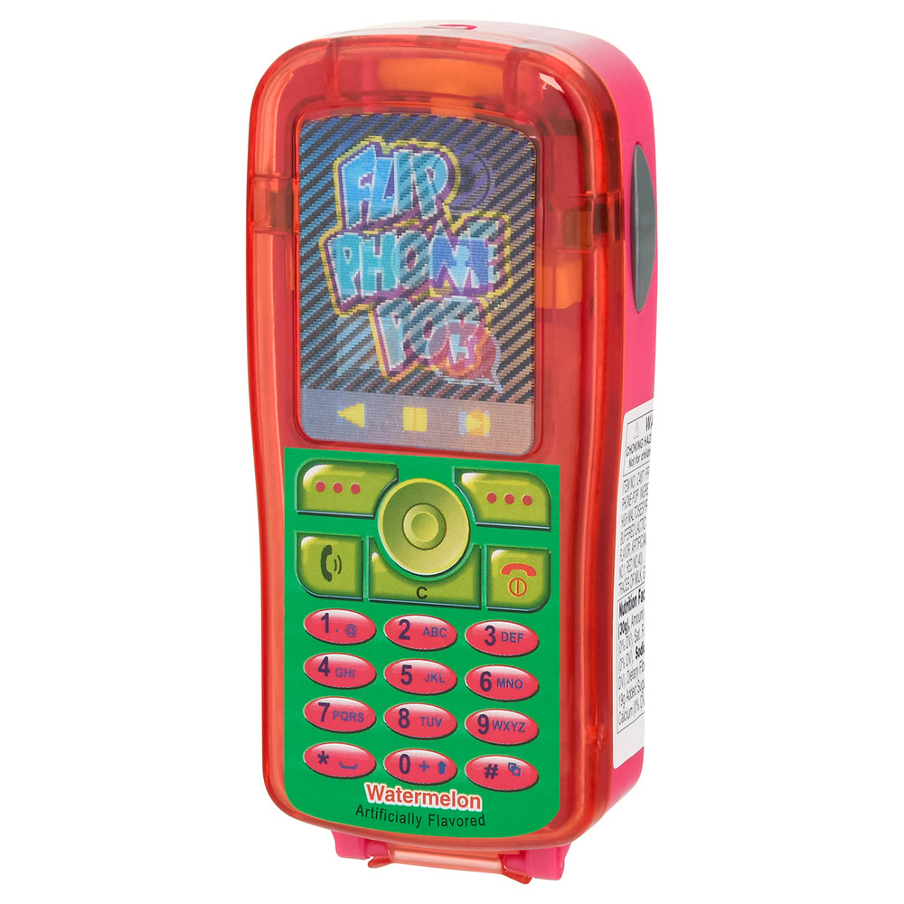 Kidsmania Watermelon Flip Phone Pop watermelon-flavored candy in a translucent red flip phone toy case with a colorful green keypad and novelty screen design, front right view on a white background.