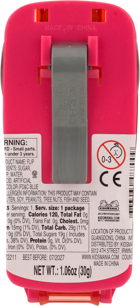 Back of the Kidsmania Watermelon Flip Phone Pop toy candy case showing the nutrition facts, ingredients, allergen information, warning label, CE mark, barcode, manufacturer details, and gray belt clip on a red flip phone design.
