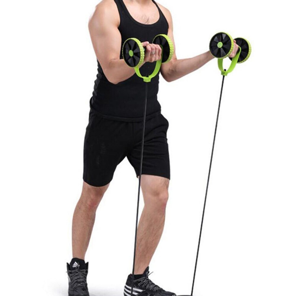 Person using green and black ab roller on a white background