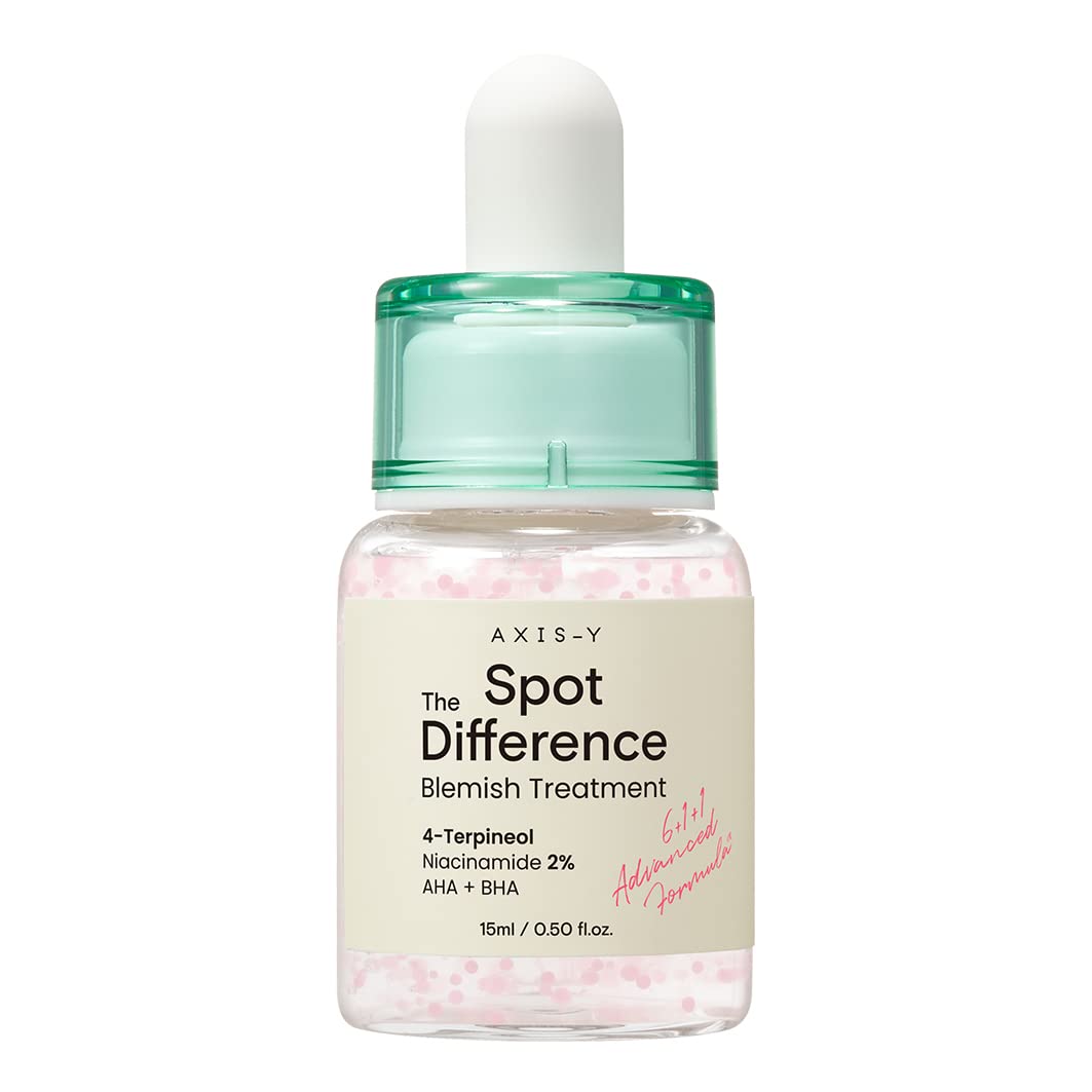 AXIS-Y Spot The Difference Blemish Treatment bottle with green dropper cap and pink ceramide capsules, displayed on a white background.