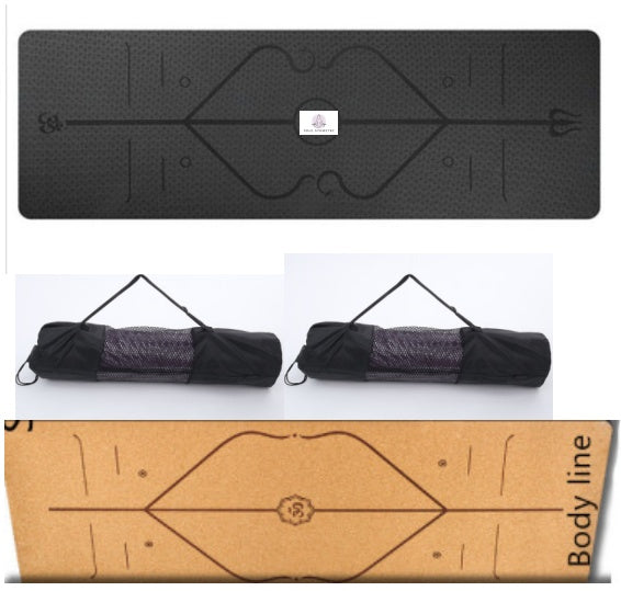 Black and brown yoga mats with carrying straps on a white background