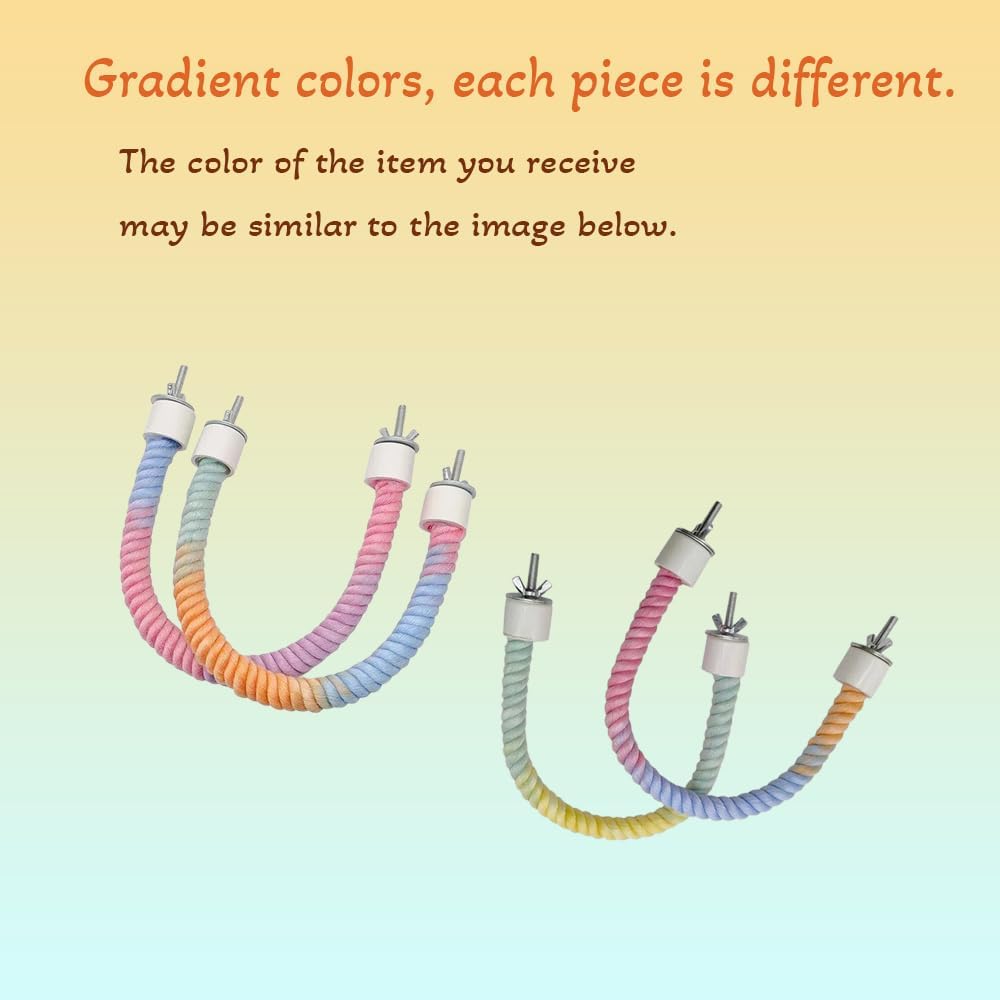 Flexible gradient rainbow bird rope perch with durable white end caps, designed as a bendable climbing, balancing, and resting perch for parrots, parakeets, cockatiels, budgies, conures, lovebirds, finches, canaries, sugar gliders, and other small pet birds. Gradient colors vary, making each perch uniquely patterned.
