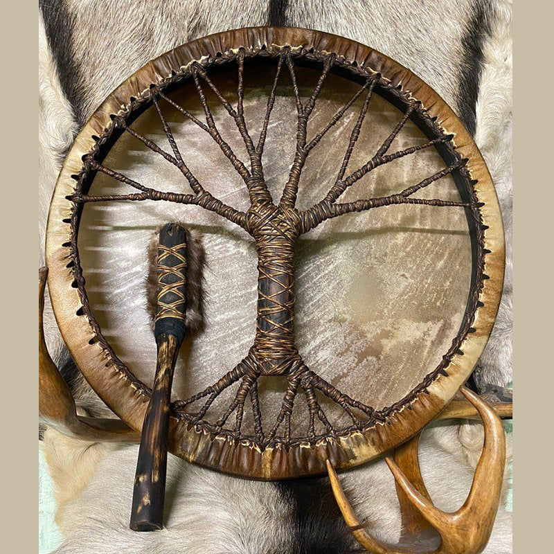 Handmade shaman drum with natural hide, woven Tree of Life design and matching mallet, spiritual percussion instrument for meditation, sound healing, rituals, ceremonies and rustic altar decor