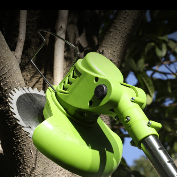 Cordless electric tree pruner and branch cutter with circular saw blade, rechargeable battery-powered telescopic garden tool for trimming trees, pruning branches, landscaping, yard maintenance and outdoor gardening