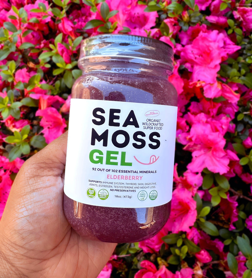 Hand holding a jar of Grind Naturally Organic Elderberry Sea Moss Gel made with wild harvested St. Lucia sea moss, displayed against vibrant pink flowers, healthy vegan superfood rich in vitamins and minerals.