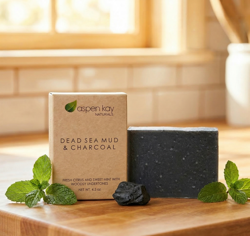 A bar of soap and its packaging box from Aspen Kay Naturals, styled on a wooden surface with mint leaves and charcoal stones in a warm, sunlit kitchen setting.