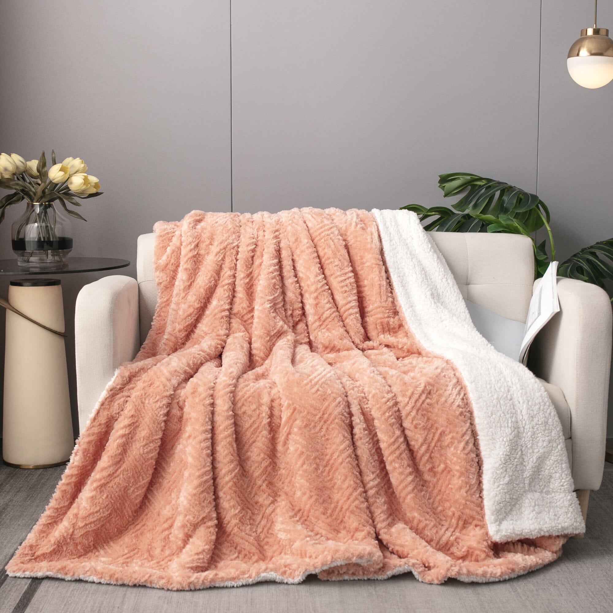 DaDa Bedding Coral Peach Rose Faux Fur Sherpa Throw Blanket