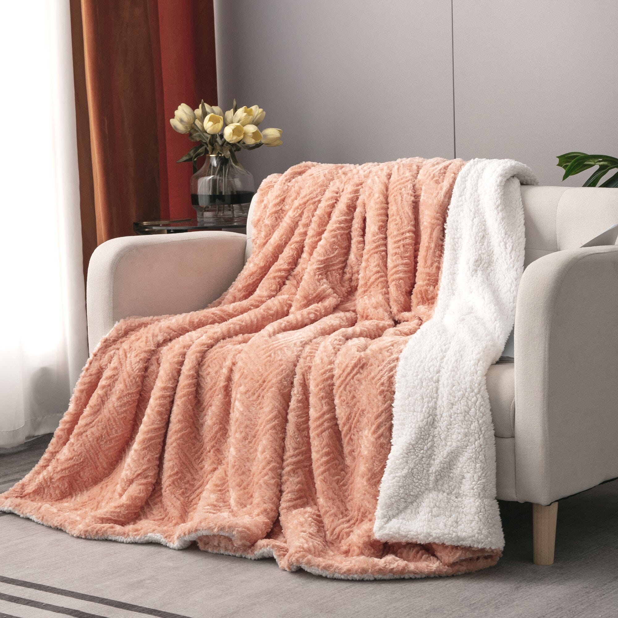 DaDa Bedding Coral Peach Rose Faux Fur Sherpa Throw Blanket
