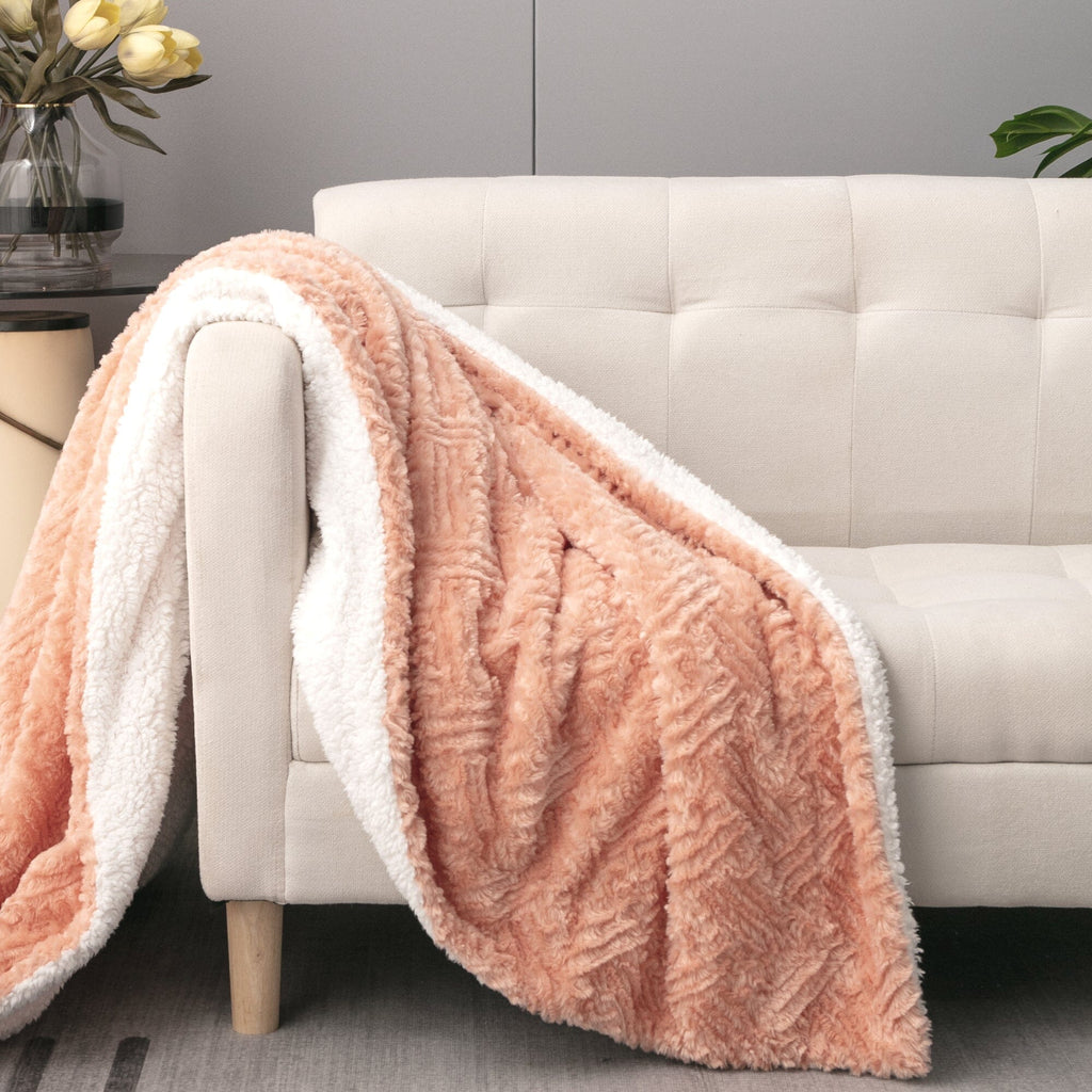 DaDa Bedding Coral Peach Rose Faux Fur Sherpa Throw Blanket