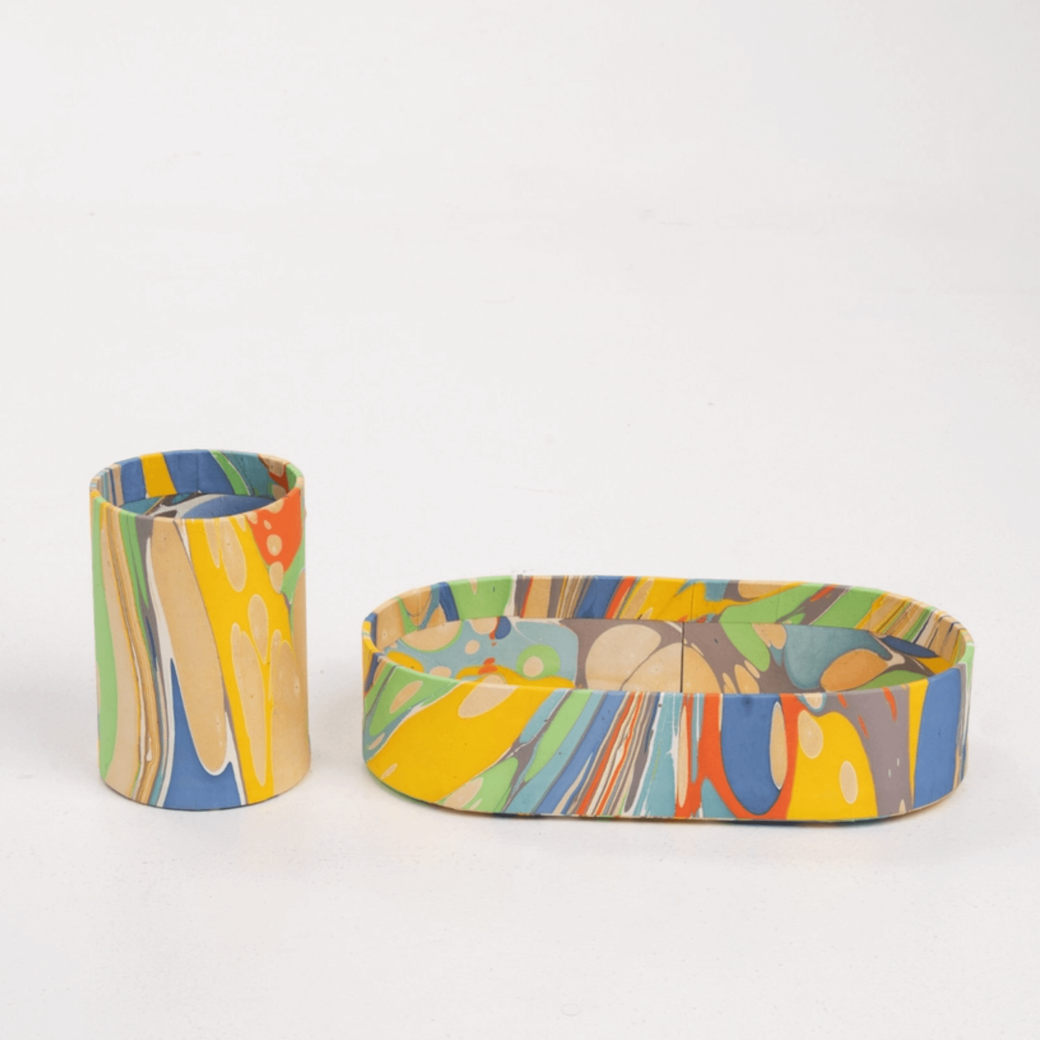 HAND-MARBLED TRAY + CUP SET - RAINBOW