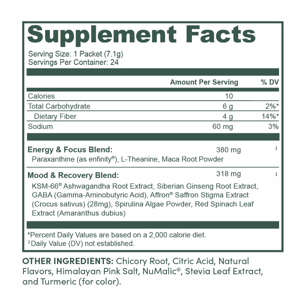 Supplement facts label with detailed nutritional information and ingredient list on a white background.