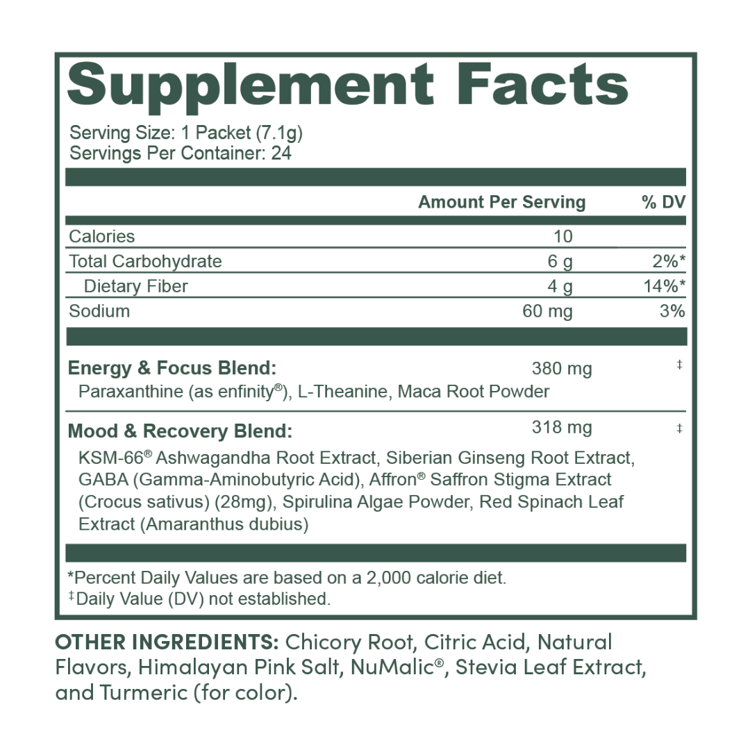 Supplement facts label with detailed nutritional information and ingredient list on a white background.
