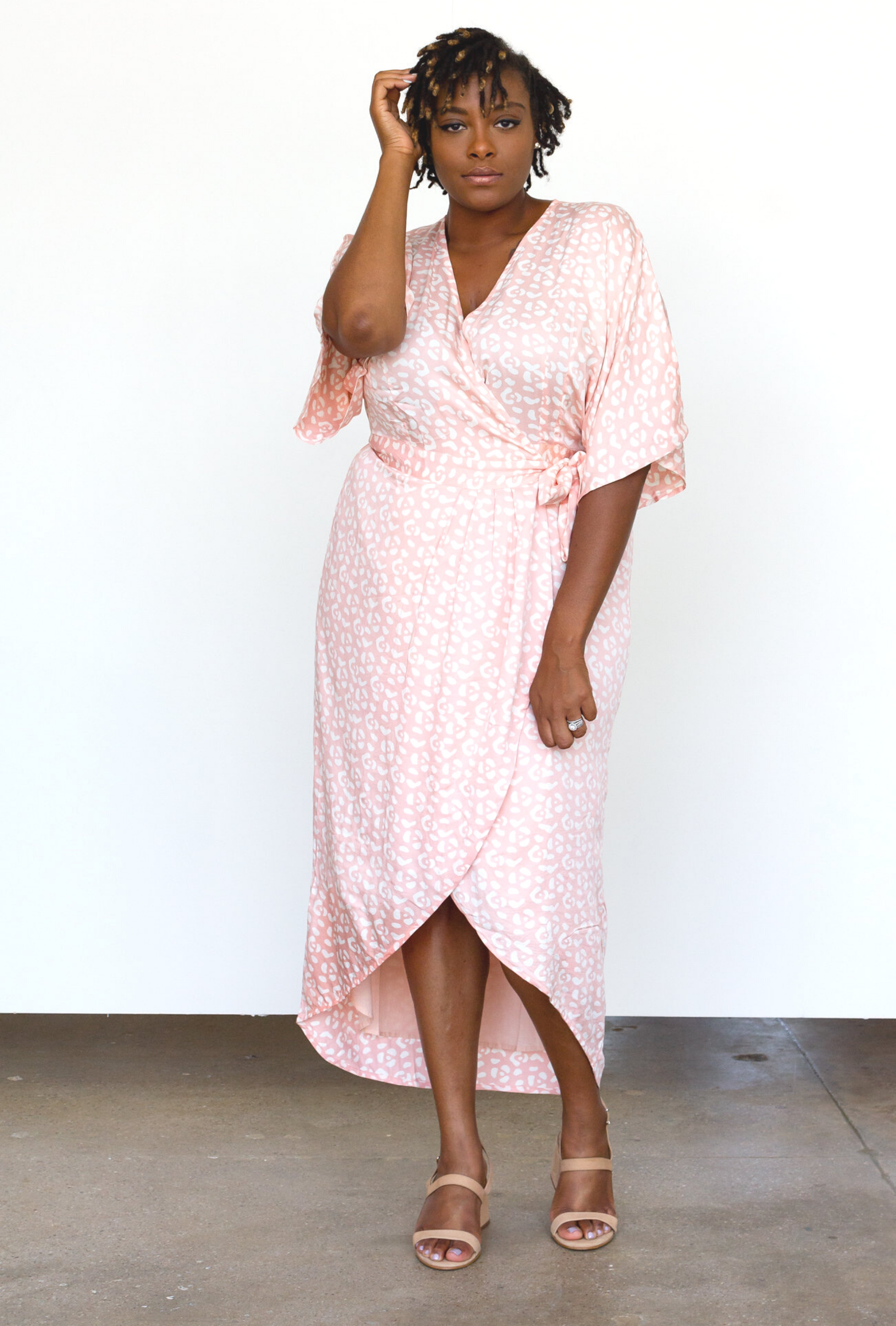 Leopard Maxi Wrap Dress in Blush + Cream