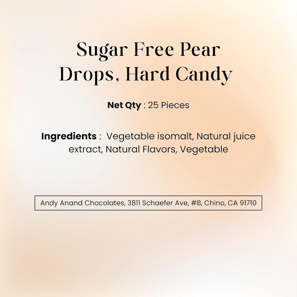 Andy Anand Chocolatier Sugar Free Pear Drop Hard Candy, Boiled in Copper Kettle for that unique taste, Flown from Europe 25 Pieces - Sugar & Aspartame Free - Naturally Flavored & Sweetened - Non-GMO, Gluten Free, Keto & Diabetic Friendly