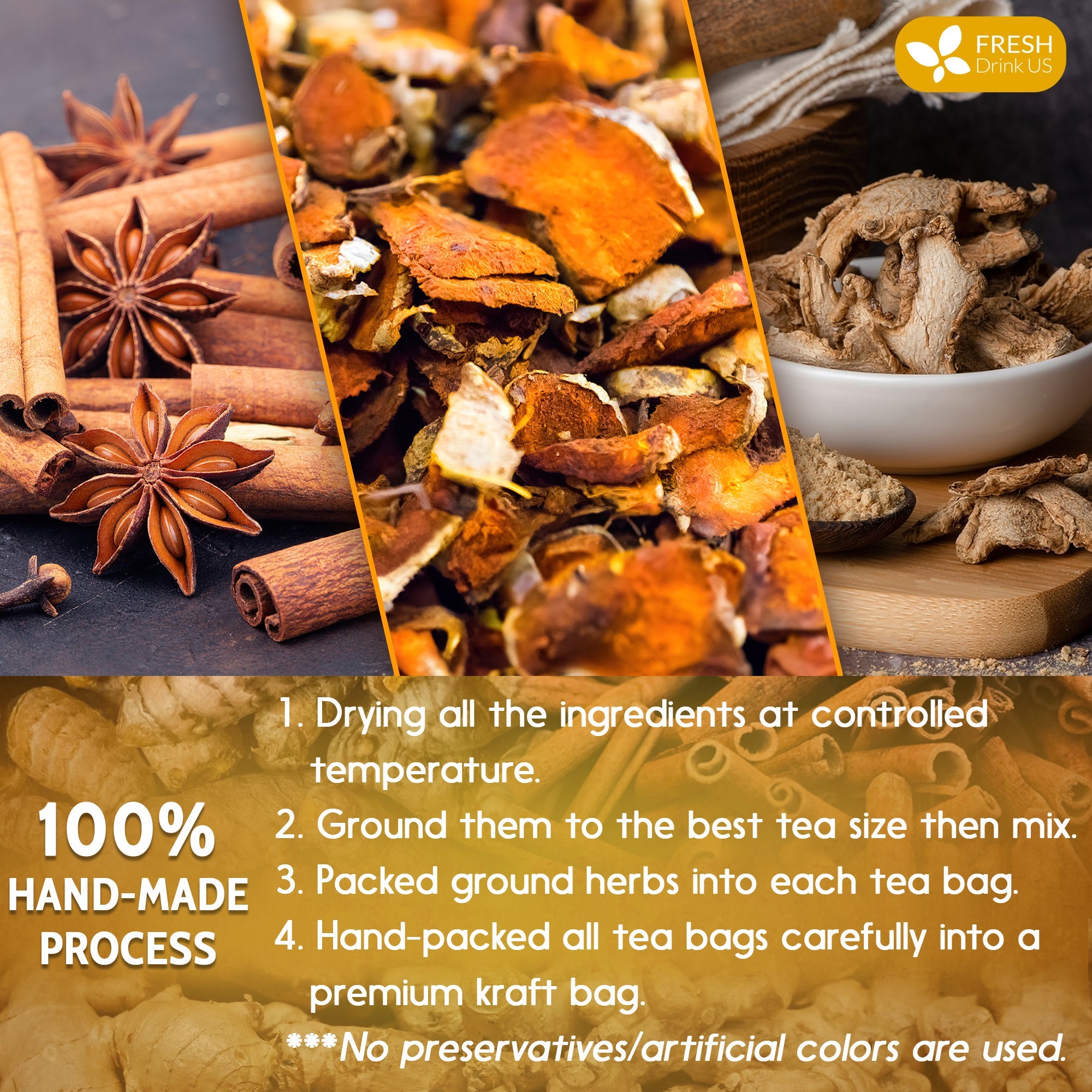 Turmeric, Ginger, Cinnamon Tea, Tea Bags, 100% Natural, Hand-made Blend of Turmeric, Ginger, and Cinnamon. Eco-conscious Tea Bags. Turmeric Ginger Herbal Tea. No Sugar, No Caffeine, No Gluten, Vegan