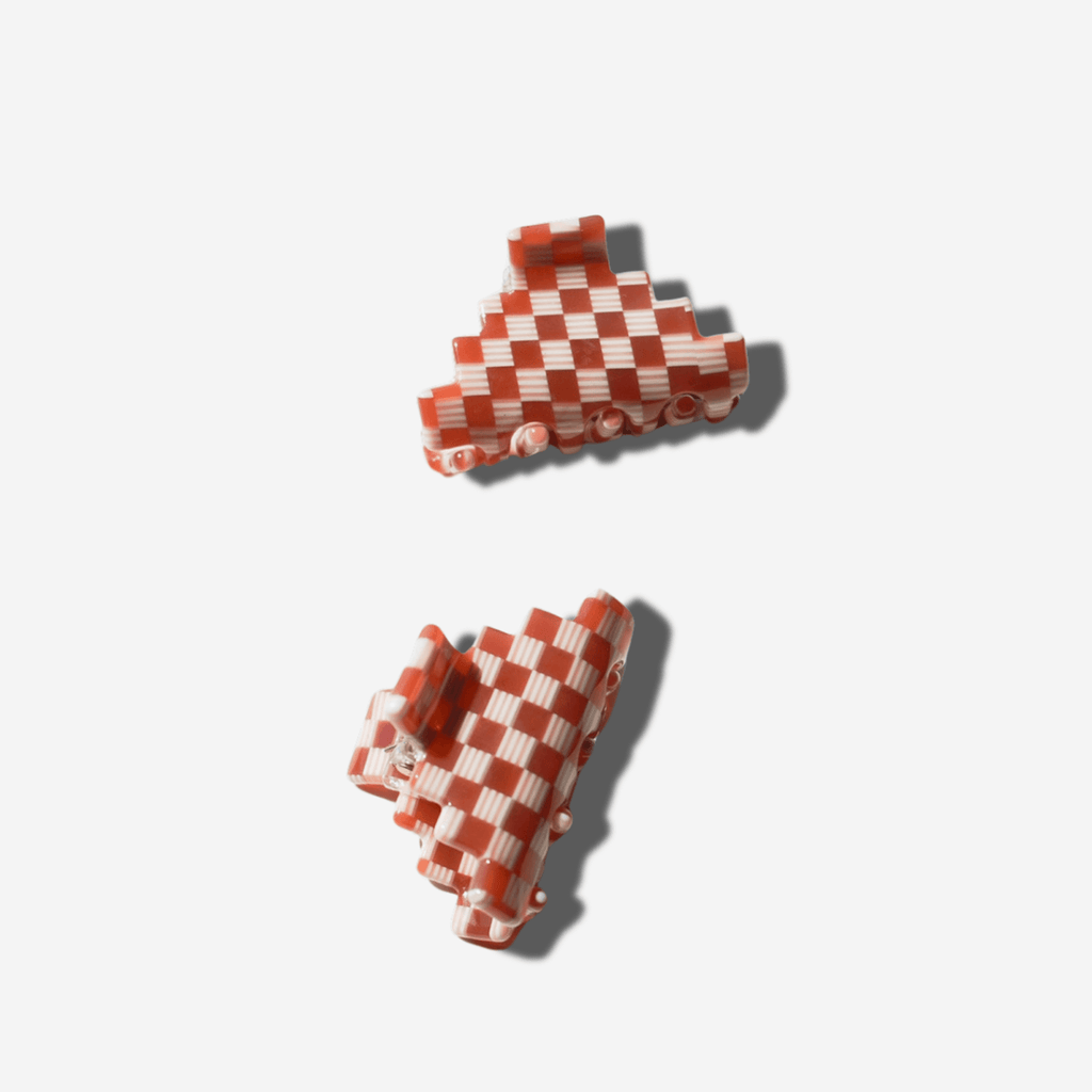 Orange Sienna and White Checkered Small Pyramid Hair Claw Clips Set of 2 – Stylish Women’s Hair Accessories for Everyday Styling