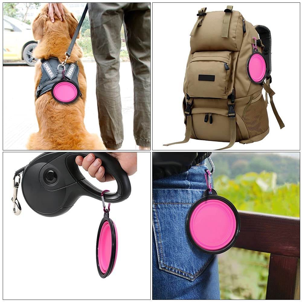 Collage of a dog using a pink retractable leash, a beige backpack with pink wheels, a person holding a black retractable leash, and a pink wheel on a leash.