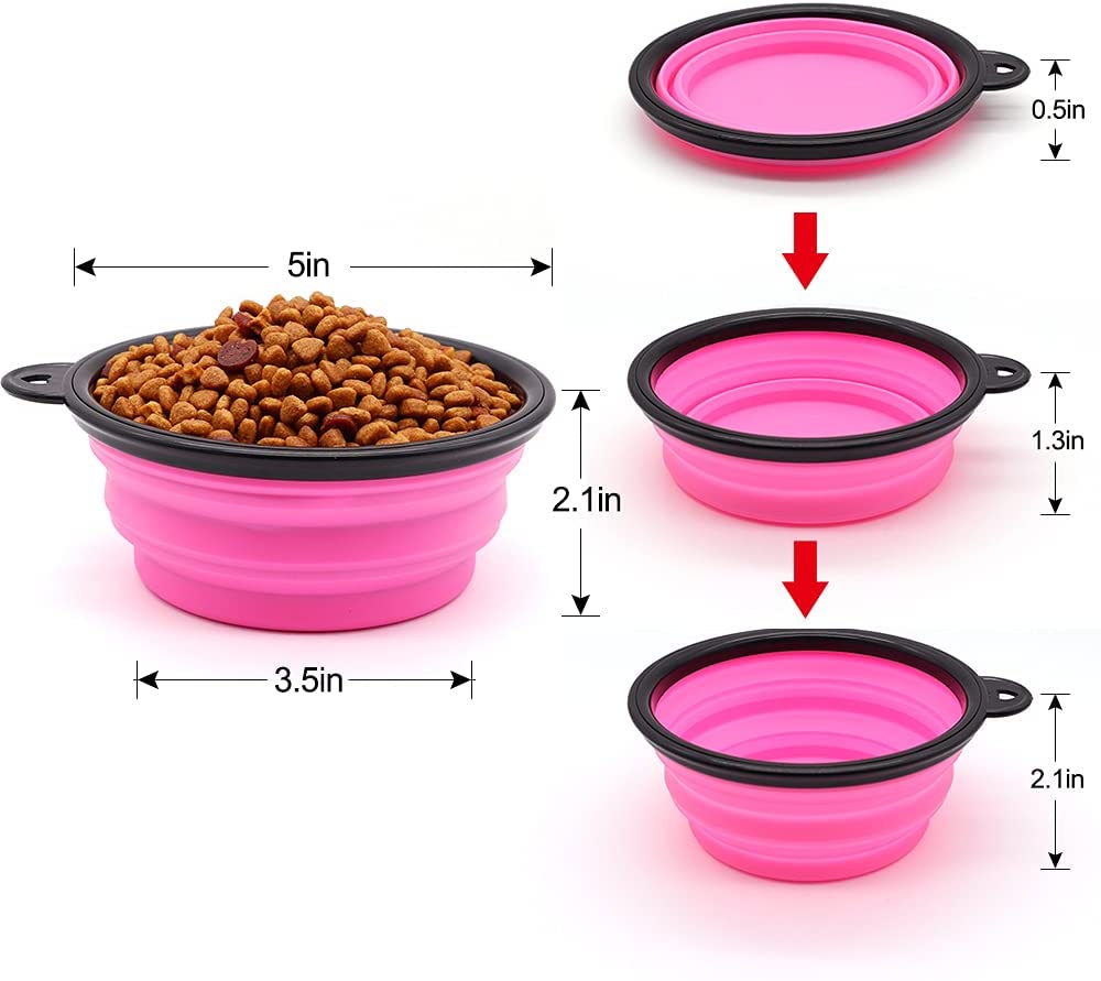 Collapsible pink pet bowl with measurements on a white background. 5" Portable and Foldable Small Dog Bowl-Pink set of 5