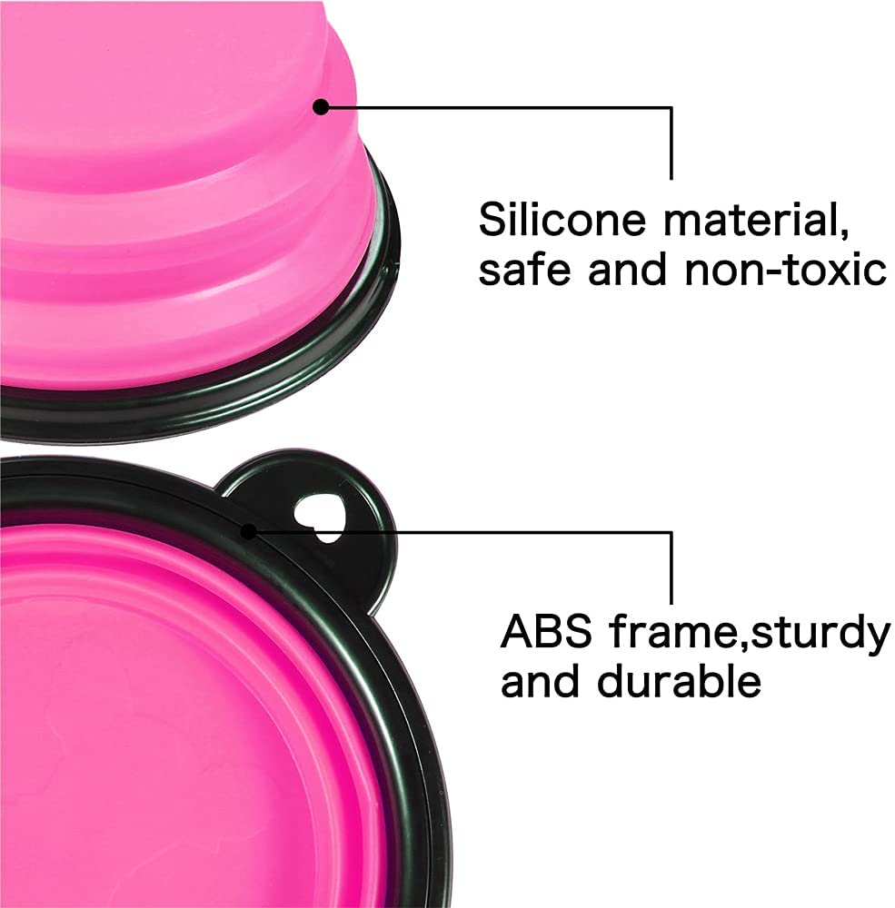 Pink pet bowl with black frame, labeled 'Silicone material, safe and non-toxic' and 'ABS frame, sturdy and durable'.