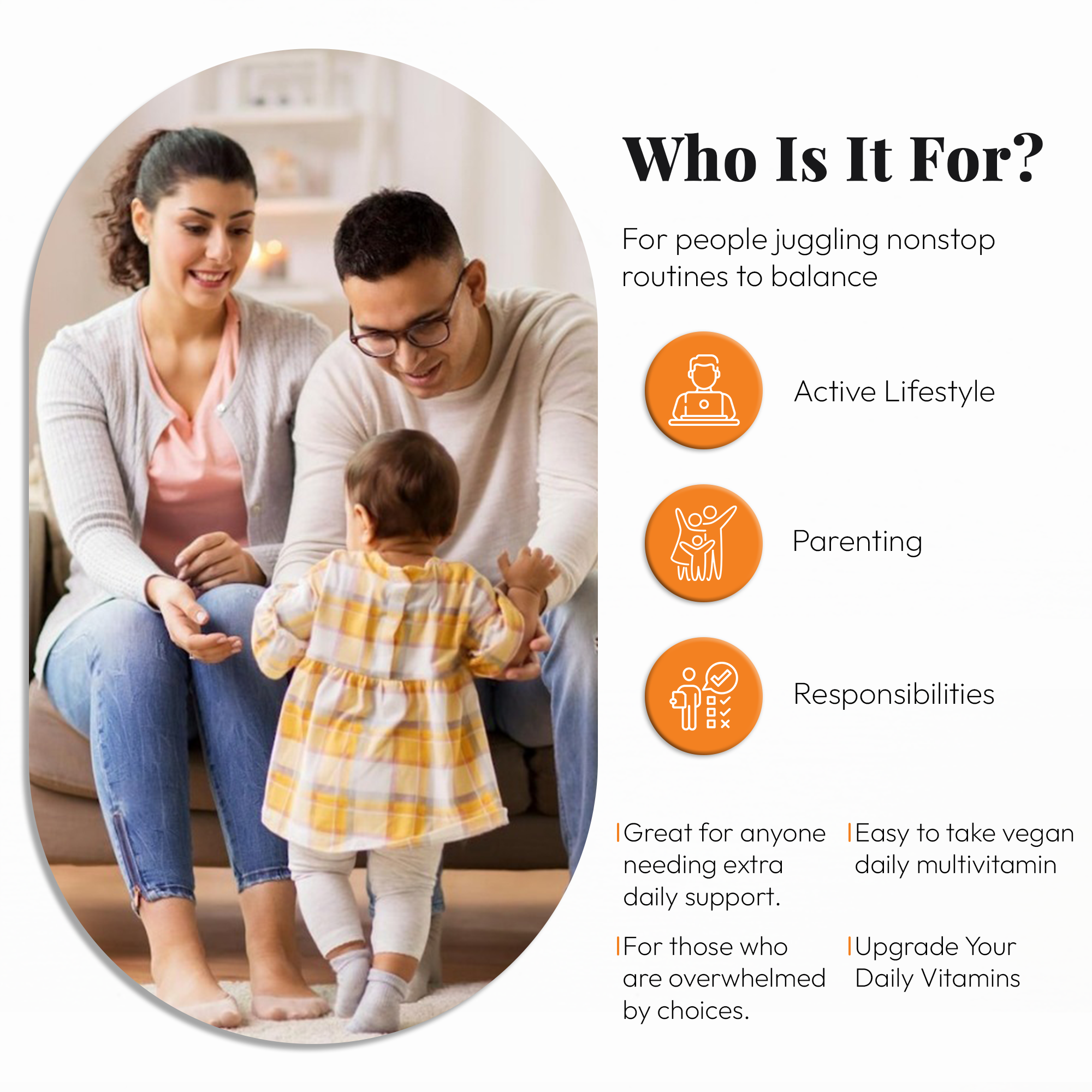 Family sitting together with a baby, surrounded by text and icons about product benefits.