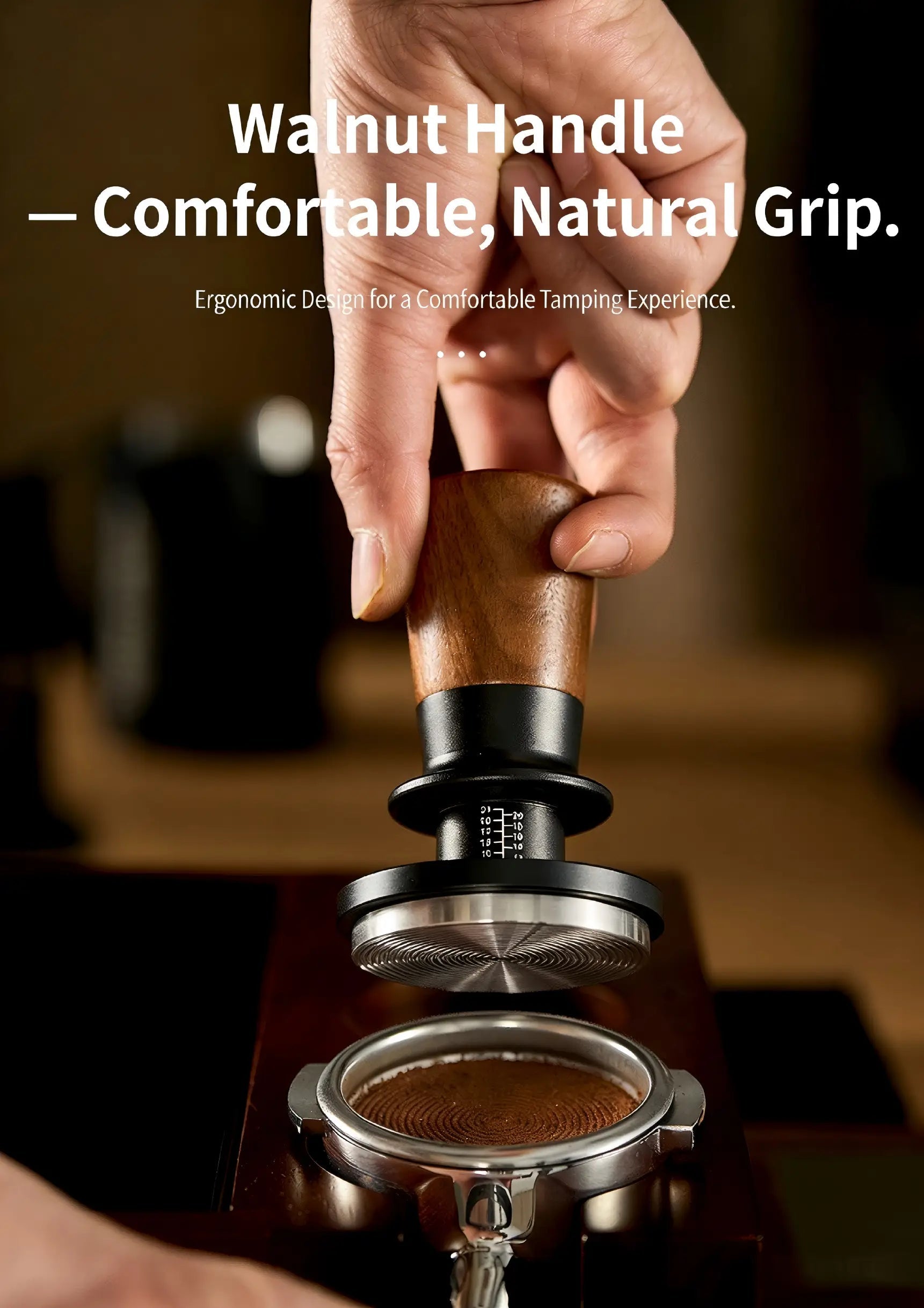 Muyu constant force spring espresso tamper with ergonomic walnut wood handle, adjustable pressure and stainless steel base for consistent coffee tamping and balanced espresso extraction.