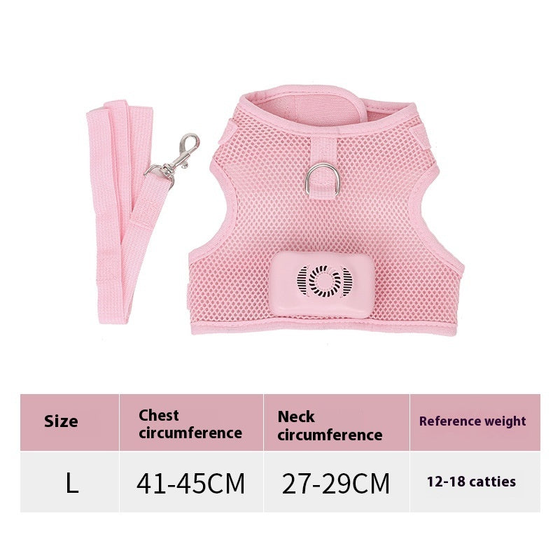 Pink breathable cooling dog harness and leash set with built-in pet air conditioner fan, secure D-ring and adjustable straps. Size L fits 41–45 cm chest, 27–29 cm neck and 12–18 lb pets.
